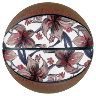 Balón De Baloncesto Acuarela Crimson Floral sobre blanco