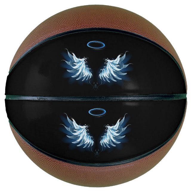 Balón De Baloncesto Alas del Ángel Azul brillante sobre fondo negro (Anverso)