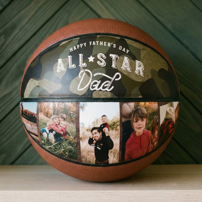 Balón De Baloncesto All-Star Dad Green Camouflage & Leather Photo (Number 1 Best Dad Ever Photo Camouflage Keepsake B Basketball)