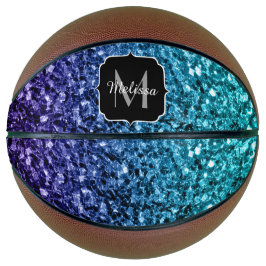 Balón De Baloncesto Aqua azul oscuro falso purpurina chispas Monograma