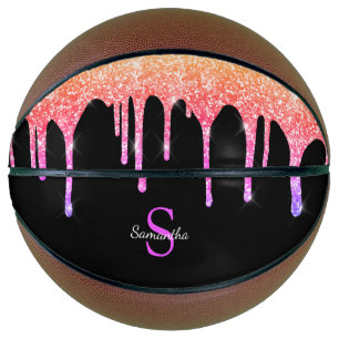 Balón De Baloncesto Arcoíris Glitter Brillante Monograma con Goteos Fe