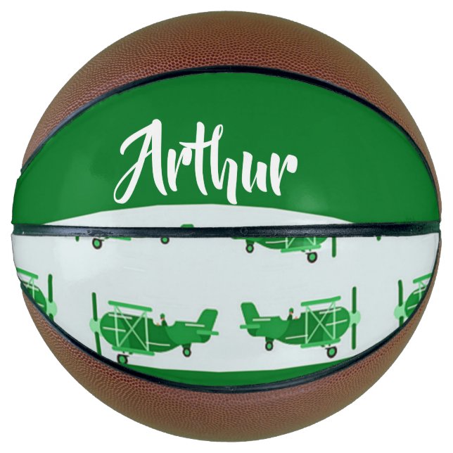 Balón De Baloncesto Aviones voladores verdes sobre azul (Anverso)