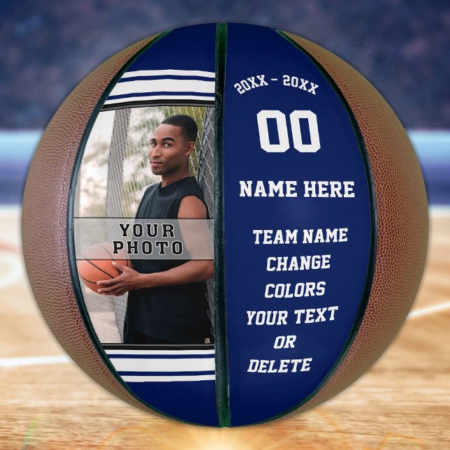 Balón De Baloncesto Baloncesto azul y blanco, tu foto, TEXTO (Senior Gift Ideas for Basketball. Photo Basketball. Personalized Basketballs. Navy Blue Basketball.)