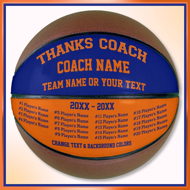 Balón De Baloncesto Baloncesto azul y Naranja Personalizado, jugadores (Thank you basketball coach gifts. Blue and Orange Basketball. Personalized Basketball Coach Gifts. )