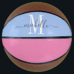 Balón De Baloncesto Baloncesto monogramado personalizado<br><div class="desc">Chicas personalizados monograman baloncesto con sif blanco inicial y un nombre de tipografía de estilo de escritura a la moda en un fondo azul y rosa. Haga clic en "personalizar más adelante" para utilizar la herramienta de diseño simple si desea cambiar el color de fondo o las fuentes. Si necesitas...</div>