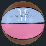 Balón De Baloncesto Baloncesto monogramado personalizado<br><div class="desc">Chicas personalizados monograman baloncesto con sif blanco inicial y un nombre de tipografía de estilo de escritura a la moda en un fondo azul y rosa. Haga clic en "personalizar más adelante" para utilizar la herramienta de diseño simple si desea cambiar el color de fondo o las fuentes. Si necesitas...</div>
