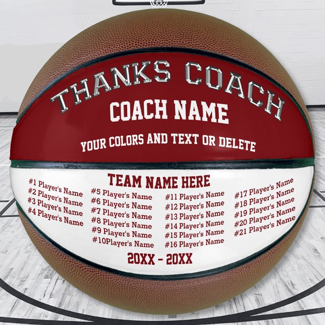 Balón De Baloncesto Baloncesto para entrenador (Coach Basketball, with All Player's Name. Best Gift for Basketball Coach. Maroon Burgundy and White.)