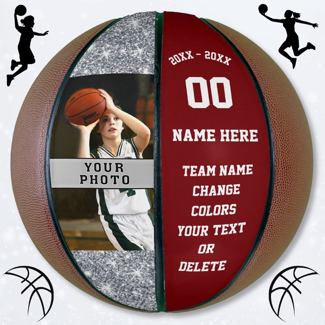 Balón De Baloncesto Baloncesto personal Borgoña y Blanco (Custom photo basketball, for Girls. Silver glitter look design. Burgundy and white basketball. )
