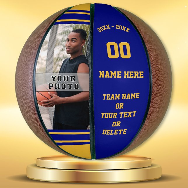 Balón De Baloncesto Baloncesto personalizado azul y oro con FOTO (Photo Basketball. Senior Night Basketball Gifts. Basketball team gifts. Gifts for basketball seniors)