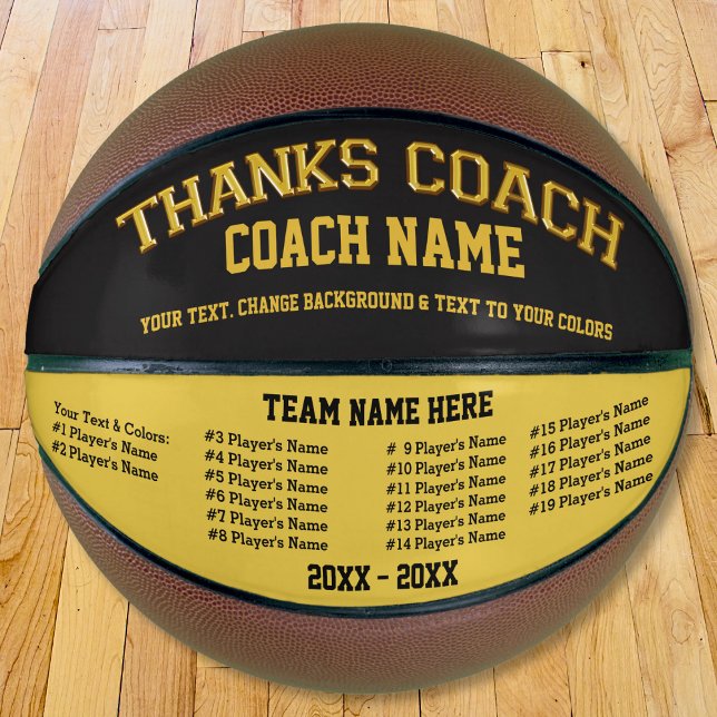 Balón De Baloncesto Baloncesto personalizado, todos los jugadores, nom (Personalized Basketball for Coach, with all basketball players names. Coach Basketball. Black, Gold.)
