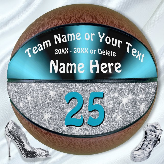Balón De Baloncesto Baloncesto personalizado turquesa y plateado (Personalized Basketball for Girls. Senior Night basketball gifts for girls. Teal Silver Basketball.)