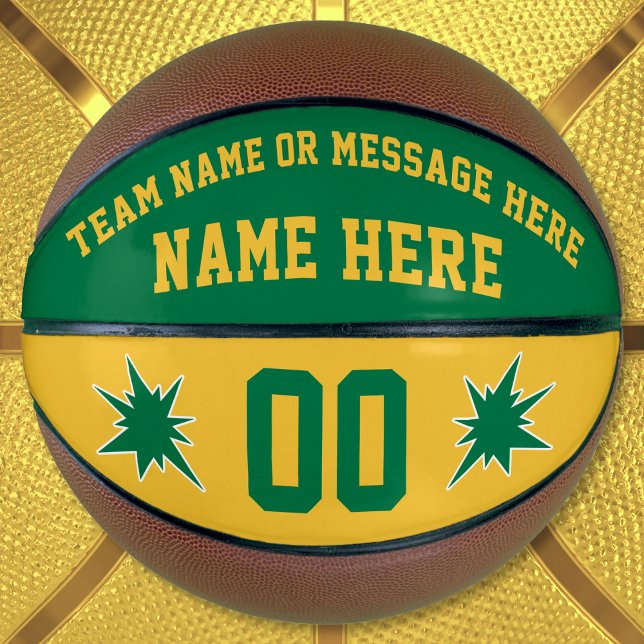 Balón De Baloncesto Baloncesto personalizado, verde y oro (Personalized Basketball Ball. Green and Gold Basketball. Basketball team gifts. Custom Basketball.)