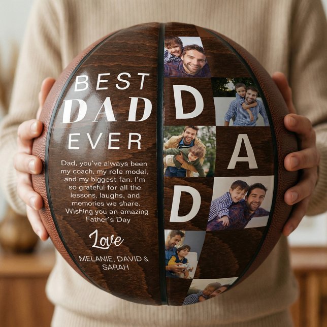 Balón De Baloncesto Best Dad Ever Photo Collage Woodgrain Personalize  (Best Dad Ever Photo Collage Woodgrain Personalize Basketball)