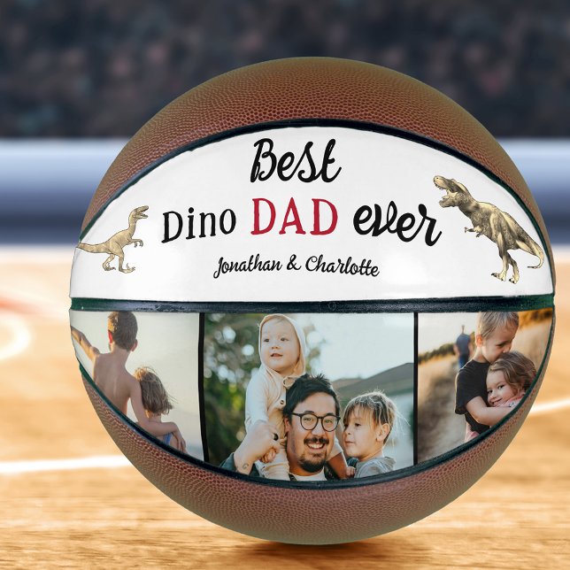 Balón De Baloncesto Best Dino Dad Ever Photo Collage (Best dino dad ever 3 photo collage kids names funny dinosaur theme personalized basketball keepsake)