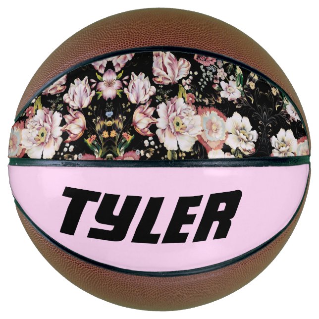 Balón De Baloncesto bonito elegante giratoria moda rosa negro floral (Anverso)