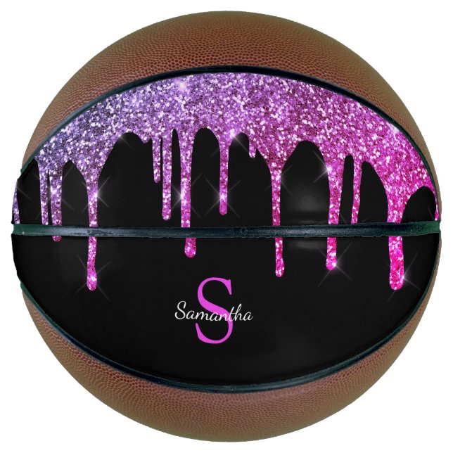 Balón De Baloncesto Chic Rosa Purpura Brillo Drips Monograma (Anverso)