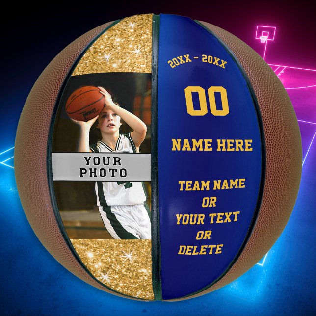 Balón De Baloncesto Chicas Personalizado Baloncesto impreso Tu Foto, T (Personalized Basketballs, Gifts for Basketball Seniors, Girls. Photo Basketball, Blue and Gold.)