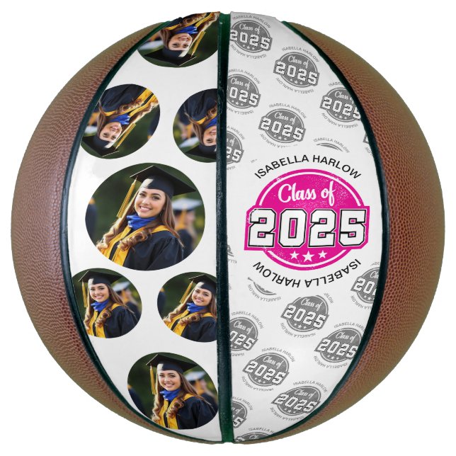 Balón De Baloncesto Clase de 2025 Foto de graduado rosado (Vertical)