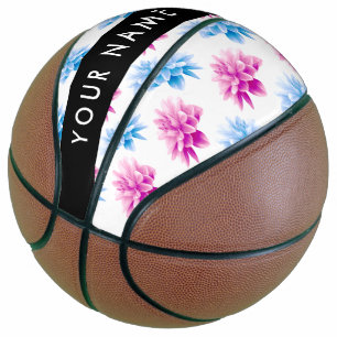 Balón De Baloncesto Dalia Rosa y Azul, Patrón Floral, Tu Nombre