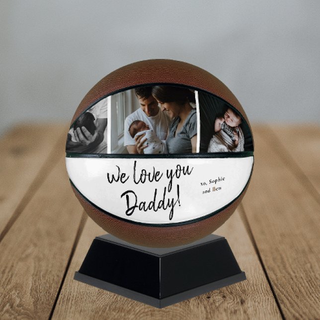 Balón De Baloncesto Escrito a mano Te Ama Daddy 3 Photo College (Modern We Love You Daddy Fathers Day Gift with 3 photos and handwritten script basketball.)