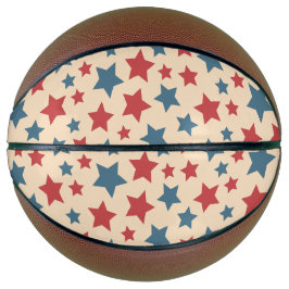 Balón De Baloncesto Estrellas Rojas y Azules, 4 de Julio, Fondo Beige