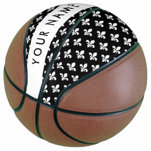 Balón De Baloncesto Fleur de Lis, Blanco sobre Negro, Blanco, Tu Nombr