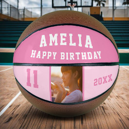 Balón De Baloncesto Foto de niña feliz de cumpleaños rosa