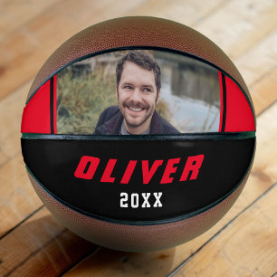 Balón De Baloncesto Foto de texto de nombre personalizado rojo negro m