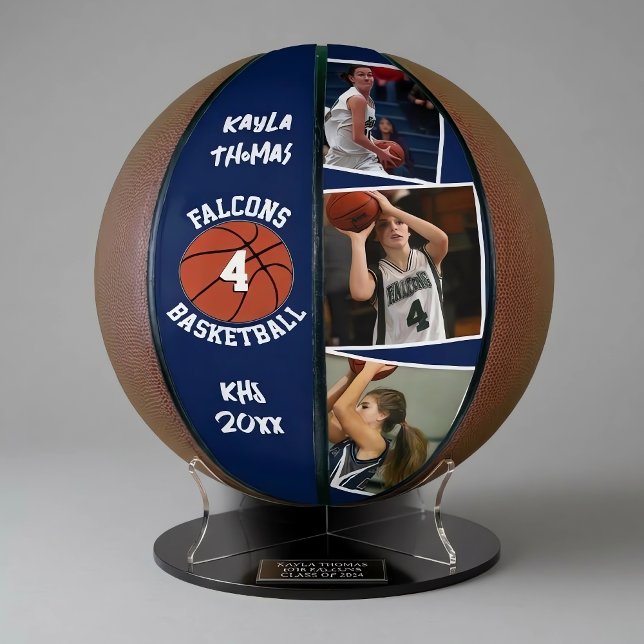 Balón De Baloncesto Foto del jugador personalizado, número y azul de l (Customizable navy blue basketball with personalized text and photos.)