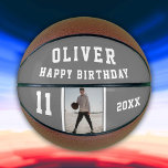 Balón De Baloncesto Foto del Personalizado Gray Happy Birthday<br><div class="desc">Moderno Gris Feliz Cumpleaños CustomPhoto Basketball. Diseño de cumpleaños con texto de cumpleaños feliz,  nombre personalizado,  edad,  año y foto. Personalizar la edad,  nombre y añada su foto. Puedes personalizar o borrar cualquier texto en el baloncesto. Gran regalo de cumpleaños para un jugador de baloncesto o un fanático.</div>