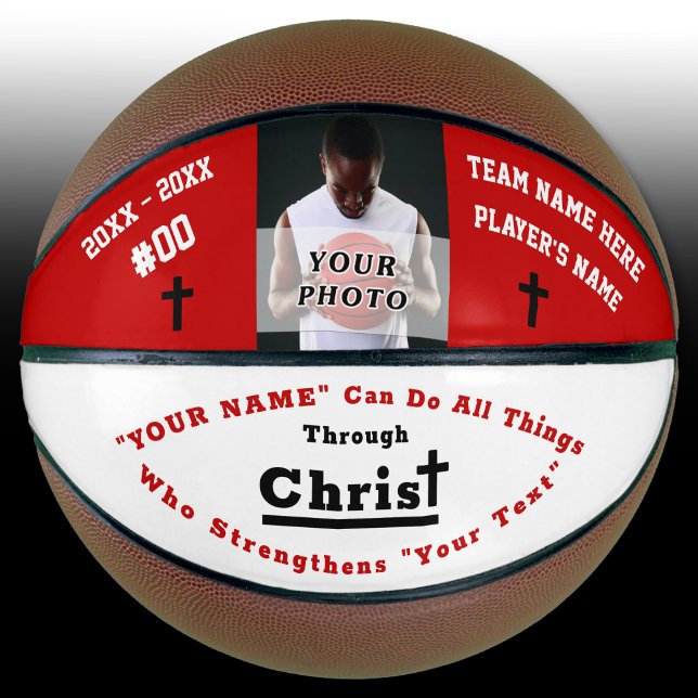 Balón De Baloncesto Foto y Biblia personalizada Verse el baloncesto (Christian Basketball, Personalized. Red, White and Black. I can do all things through Christ. B Ball)