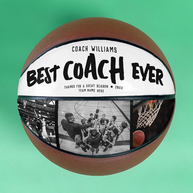 Balón De Baloncesto Fotos de estilo Guay Street (A basketball featuring bold text saying "Best Coach Ever" on a white band, with a 3 photo collage)