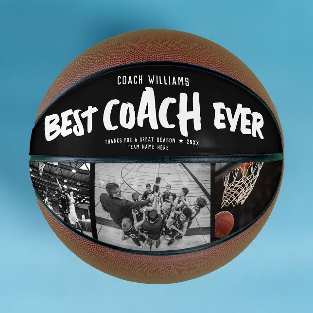 Balón De Baloncesto Fotos de estilo Guay Street (A basketball featuring bold text saying "Best Coach Ever" on a black band, with 3 basketbaLL photos)