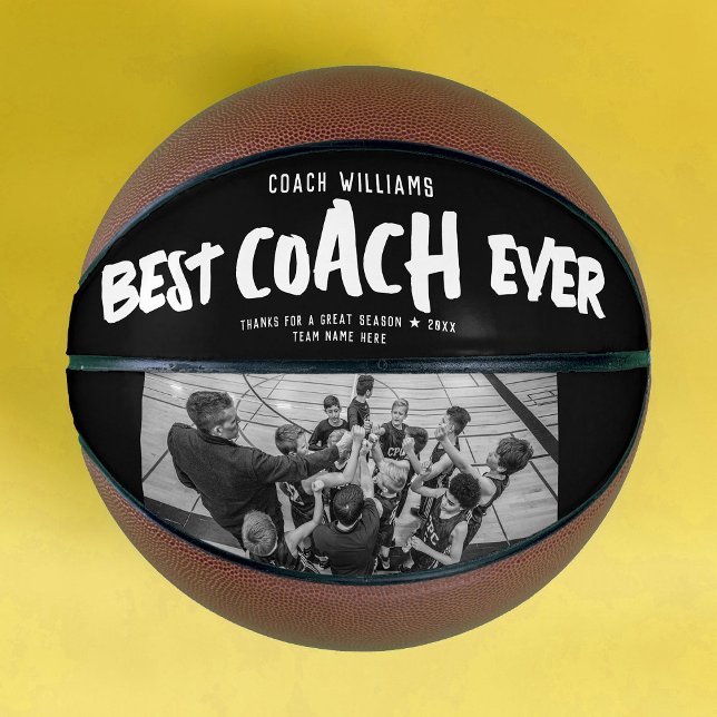 Balón De Baloncesto Fotos de estilo Guay Street (A basketball featuring bold text saying "Best Coach Ever" on a black band, with 1 photo on the other)