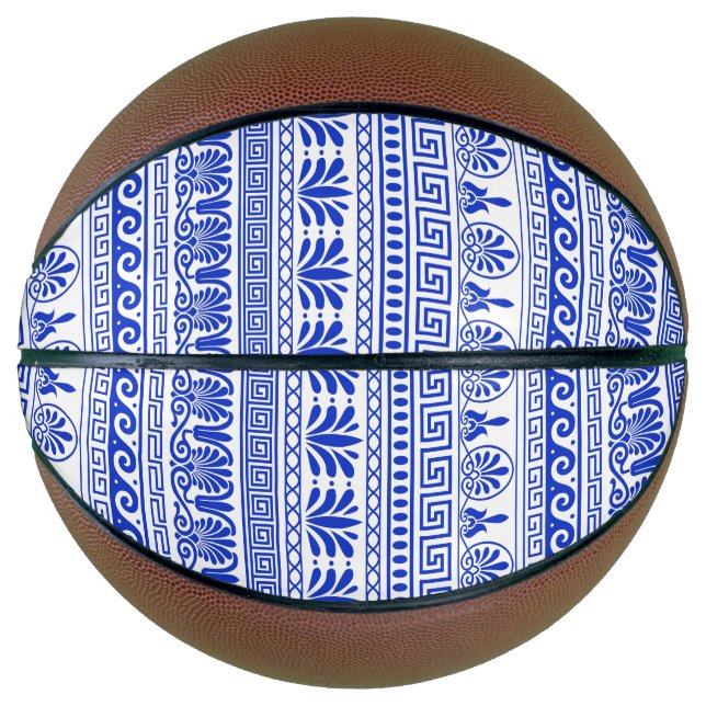 Balón De Baloncesto Fret griego, patrón mediterráneo, azul (Anverso)