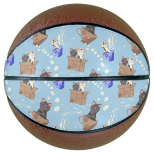 Balón De Baloncesto Gatos en caja y gotas de leche en azul