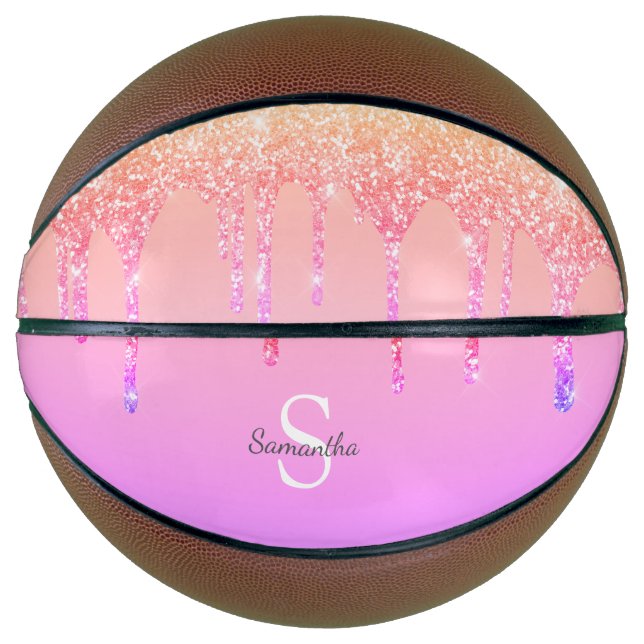 Balón De Baloncesto Girly Rainbow Purpurina Sparkle Dris Monograma Nom (Anverso)