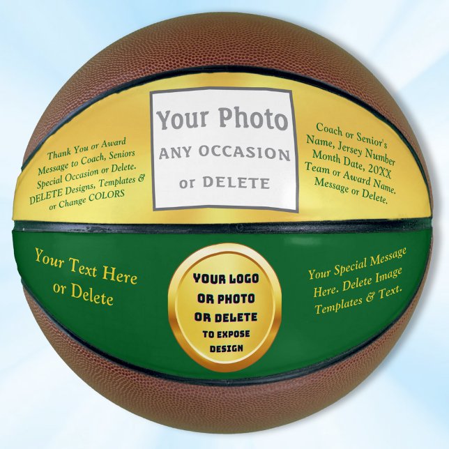 Balón De Baloncesto Green and Gold, Photo, Basketball Award Ideas, (Basketball with Logo. Photo Basketball. Basketball trophy or Basketball Award Ideas. MVP Basketball.)
