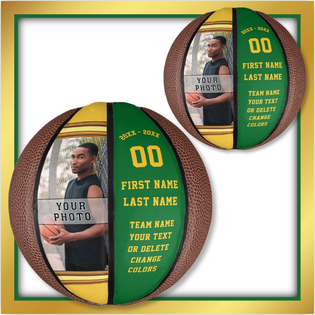 Balón De Baloncesto Green and Gold, Photo, Personalizado Mini Balonces (Senior night gift ideas for basketball. Green and Gold Basketball. Gifts for basketball players.)