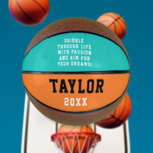 Balón De Baloncesto Guay Motivational Turquoise Naranja Nombre Cumplea