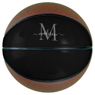Balón De Baloncesto Guión femenino de monograma gris plateado negro