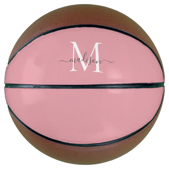 Balón De Baloncesto Guión femenino de monograma gris rosado Rubor (Anverso)