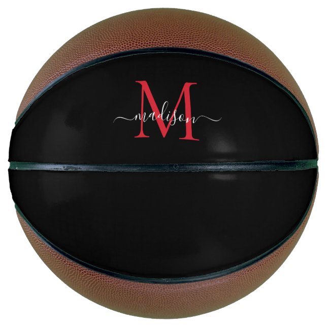 Balón De Baloncesto Guión femenino de monograma rojo negro de Borgoña (Anverso)