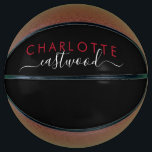 Balón De Baloncesto Guión monocromático de Chica personalizado<br><div class="desc">Chicas personalizados monogramaban el baloncesto con un nombre rojo y un nombre tipográfico de estilo de escritura a la moda sobre un fondo negro. Haga clic en "personalizar más adelante" para utilizar la herramienta de diseño simple si desea cambiar el color de fondo o las fuentes. Si necesitas ayuda con...</div>