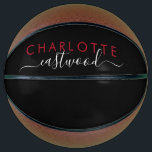 Balón De Baloncesto Guión monocromático de Chica personalizado<br><div class="desc">Chicas personalizados monogramaban el baloncesto con un nombre rojo y un nombre tipográfico de estilo de escritura a la moda sobre un fondo negro. Haga clic en "personalizar más adelante" para utilizar la herramienta de diseño simple si desea cambiar el color de fondo o las fuentes. Si necesitas ayuda con...</div>