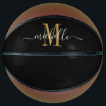 Balón De Baloncesto Guión monogramado Gold personalizado para Chicas<br><div class="desc">Chicas personalizados monogramaban el baloncesto con el sérico dorado inicial y un nombre de tipografía de estilo de escritura a la moda sobre un fondo negro. Haga clic en "personalizar más adelante" para utilizar la herramienta de diseño simple si desea cambiar el color de fondo o las fuentes. Si necesitas...</div>