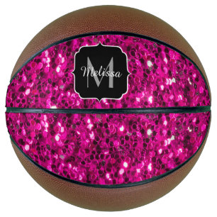 Balón De Baloncesto Luz rosa brillante monograma de purpurina falsa