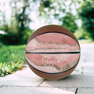 Balón De Baloncesto Mármol de oro rosa con nombre en caligrafía modern