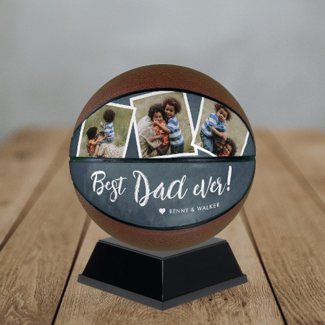 Balón De Baloncesto Mejor Papá Nunca 3 Colegio Femenino (A great gift for dad with modern handwritten best dad ever script with 3 photo collage.)