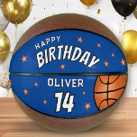 Balón De Baloncesto Moderno Blue Happy Birthday Stars Keepsake<br><div class="desc">Las modernas estrellas de cumpleaños Blue Happy conservan el baloncesto. Personalízalo con tu nombre y edad. El diseño tiene una imagen de baloncesto en un fondo azul con estrellas naranjas. Un gran regalo de cumpleaños para un jugador de baloncesto o aficionado al baloncesto y un gran placer para recordar el...</div>